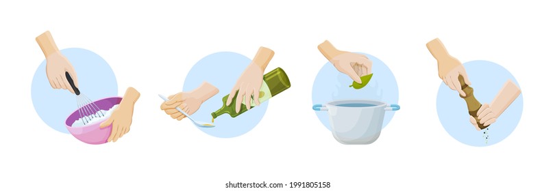 Collection human hands preparing food. Cooking utensils with soup, olive oil, stir curd and sprinkle spices. Prepare ingredients use cutlery, culinary accessories vector illustration