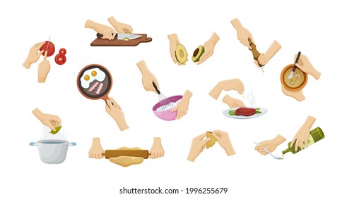 Collection human hands preparing food. Cooking utensils with soup, eggs, meat, baking, cutting vegetables and sprinkle spices. Prepare ingredients use cutlery, culinary accessories vector illustration