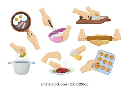 Collection human hands preparing food. Cooking utensils with soup, eggs, meat, roll out dough, beat cream, cutting avocado and sprinkle spices. Hands holding cutlery cooking utensils cartoon vector