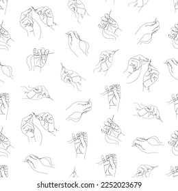 Collection. Human hands sew a needle and thread. Seamless pattern in art nouveau style in one line. Solid line, sketches, posters, murals, stickers, logo. Vector illustration