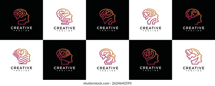 collection of Human head logo design with love brain. Human head logo design with combination of love and brain symbol vector icon made with line