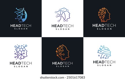 Collection of human head technology logo design templates. set head digital technology inspiration logo design	