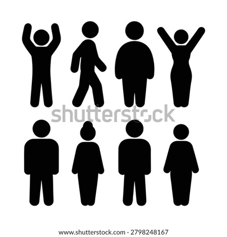 Collection of human icons showing movement and static poses, abstract men and women silhouettes for design.