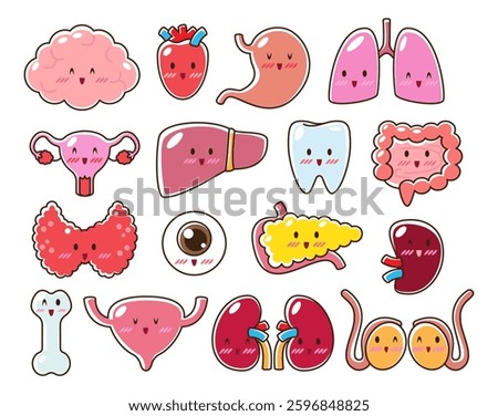 Collection of human internal organs with cartoon face style . Editable stroke . Vector .