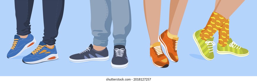 Collection of human legs in sneakers vector flat illustration. Set of man and woman feet wearing sport footwear with stylish platform isolated. Trendy athletic footgear for sports activity and walking