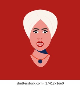 Collection of human portrait. Woman looks angry, mad. Red lipstick lady head. Vector illustration.