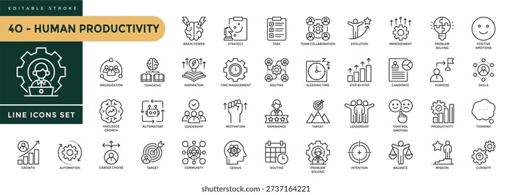 A collection of Human Productivity icons set with editable stroke . Thin linear vector illustration