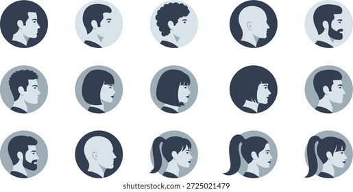 Eine Kollektion von menschlichen Silhouettengesichtern in verschiedenen ovalen Formen, die in Reihen auf weißem Hintergrund angeordnet sind