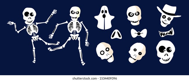 Collection of human skulls and skeletons in various shapes