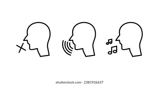 collection of human voice icons. Talking vector. People talking sign, man with open mouth and sound waves, silent people sign, speech icon isolated on transparent background