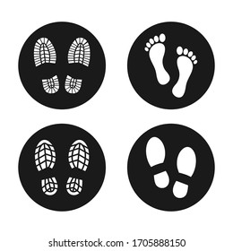 collection of Human walking footprints shoes and shoe sole funny feet footsteps paws people. vector footsteps icon or sign for print,  isolated on white background