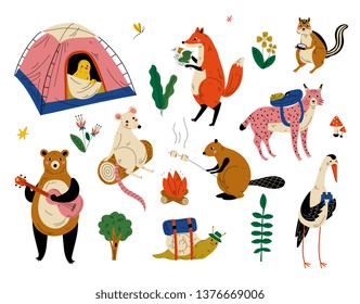 Collection of Humanized Animals Characters Having Hiking Adventure Travel or Camping Trip Vector Illustration