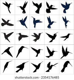 Collection of humming bird icons,silhouettes,sides,positions,shape,design.Vector illustration set.Use for banner,wallpaper,card,brochure,template,backdrop,leaflet,flyer.Vector group of birds.