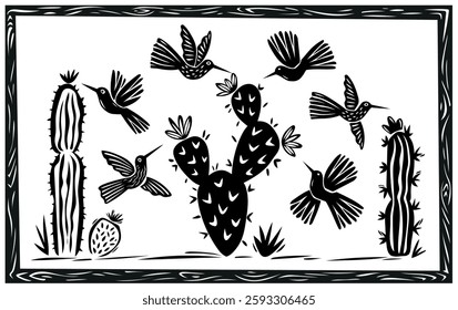 Collection of hummingbirds and cacti typical of the desert. Hand drawn in woodcut and cordel style. Vector illustration