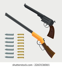 Collection of hunting guns,  bullets. Vector illustrations in flat style. Isolated vector illustration