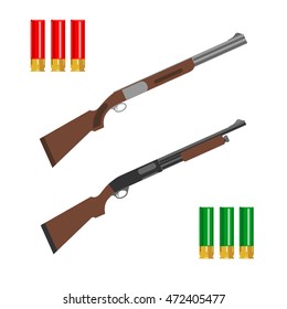 Collection of hunting guns and bullets. Vector illustrations in flat style. Isolated vector illustration