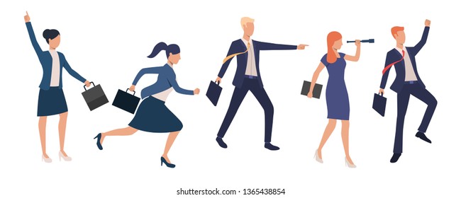 Collection of hurrying business people. Bundle of ambitious businessmen and businesswomen with briefcases and telescope. Vector illustration can be used for motivational project, article, publication