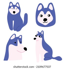 Collection of Husky dogs. Flat vector icon illustrations on white background. 