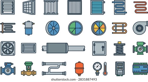 Collection of HVAC system components and industrial equipment icons