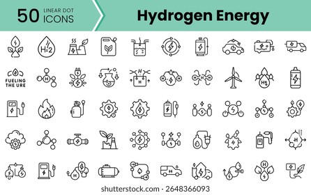 Uma coleção de ícones de energia de hidrogênio, apresentando tecnologia sustentável, desde células de combustível a veículos, cada um melhorando a transição para soluções de energia limpa.