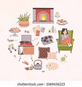 Collection of hygge attributes, furniture and home decorations arranged into round pattern - fireplace, pillows, tea, desserts, woman sitting in comfortable armchair and reading. Vector illustration.