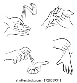 Recopilación de procedimientos de higiene. Lávese las manos con jabón bajo el grifo, limpie con una servilleta, trate con un antiséptico, lleve guantes de goma. Ilustración vectorial de un conjunto.