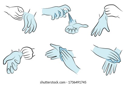 Collection of hygiene procedures. Wash your hands with soap under the tap, wipe with a napkin, treat with an antiseptic, wear rubber gloves. Vector illustration of a set.