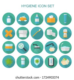 Collection of hygiene related flat icons with long shadow. Bundle of hygiene illustration. Vector.