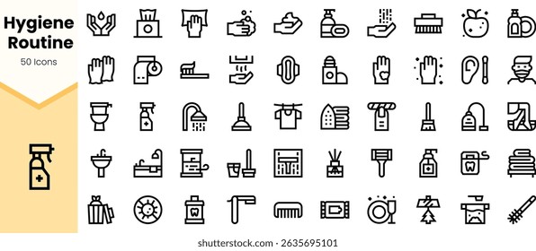 A collection of hygiene routine icons, featuring hands, soap, showerheads, and personal care items in a clean, modern design.
