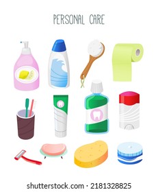 Collection of hygienic supplies and goods from cosmetics department in grocery store. Personal care goods. Isolated vector image