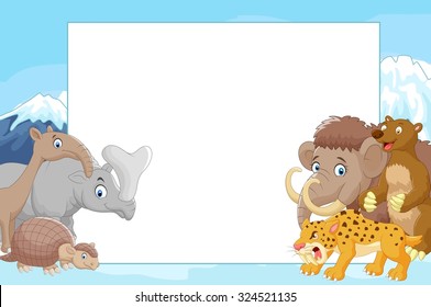 Collection of ice age animals with blank sign 