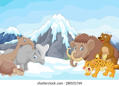 Collection of ice age animals with icebergs