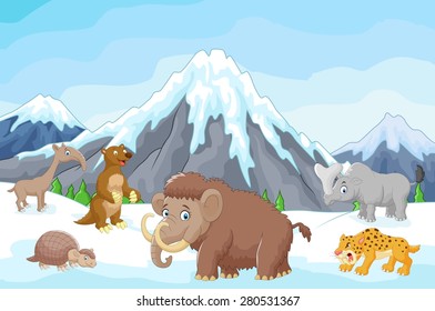 Collection of ice age animals with mountains