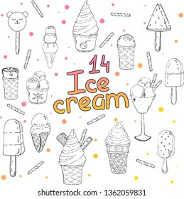 Collection of ice cream. 14 hand drawn isolated objects. Sketch art. Vector illustration. Waffles, candy, caramel, chocolate. Summer dessert. Decorative elements and text. 
