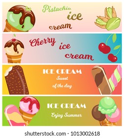 Collection of ice cream banners sweet dessert cold food cards vector illustrations. Tasty creamy snack dairy waffle flavor cold ice-cream frozen scoop. Soft delicious milk icecream ball.