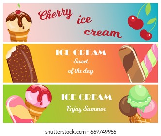 Collection of ice cream banners sweet dessert cold food cards vector illustrations. Tasty creamy snack dairy waffle flavor cold ice-cream frozen scoop. 