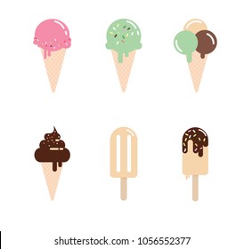 collection ice cream cone sweet dessert cold food vector flat illusions .Tasty creamy snack dairy waffle flavor cold ice cream frozen scoop.