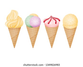 Collection of ice cream cones. vector illustration. isolated objects. realistic style.