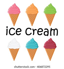 Collection of ice cream.Set of ice cream cones.Summer dessert