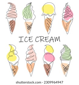 Collection of Ice cream continuous Line. Doodle one line illustration of ice-cream. Minimalist Summer linear set