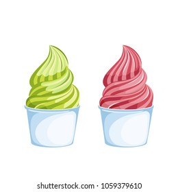 Collection ice cream in a Cup with different topping isolated on white background. Vector illustration. ice cream cups of different sizes and taste: berry, pistacho