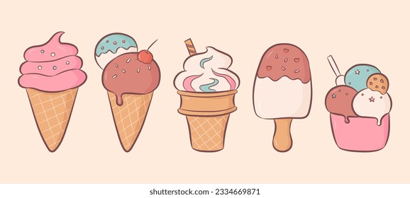 Collection of ice cream in a cup, in a waffle cone and eskimo in cartoon doodle style. Vector illustration