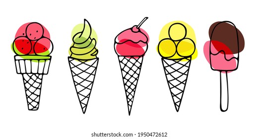 Collection of Ice Cream. Different ice screm types. Hand drawn sketch. Delicious frozen dessert. Bright summertime sweet food. Vector doodle for cafe or resraurant menu, t-shirt, wallart decor.