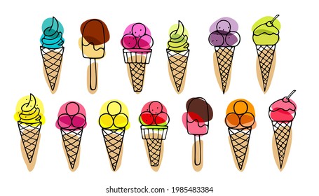 Collection of Ice Cream. Different ice screm types. Hand drawn sketch. Delicious frozen dessert. Bright summertime sweet food. Many different icecream. Vector doodle for cafe menu, advertizing