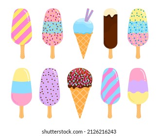 Collection of ice cream flat illustration. Ice cream cone, popsicle, striped, with powder, with straws