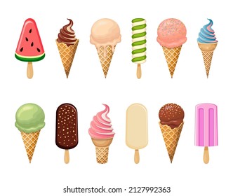 Collection of ice cream. Flat style illustration. Summer dessert vector icons.