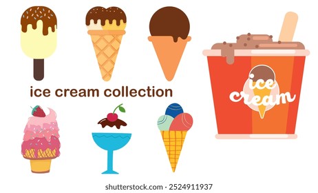 A collection of ice cream flavors and a container of ice cream. The ice cream flavors include strawberry, chocolate, and vanilla