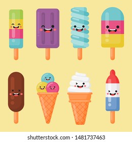 collection of ice cream. funny fast food kawaii style isolated on cream background. vector illustration.