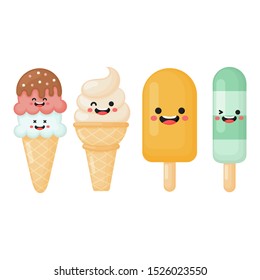 collection of ice cream. funny fast food kawaii style isolated on white background. vector illustration.