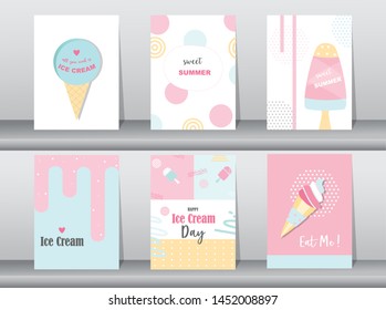 Collection of ice cream invitation card,Happy national ice cream day,poster, greeting, template,cone,sundea,scoop,Vector illustrations